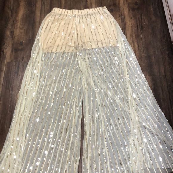 Free People ivory Mesh GoldSequin Skirt WidePant M - Picture 6 of 7